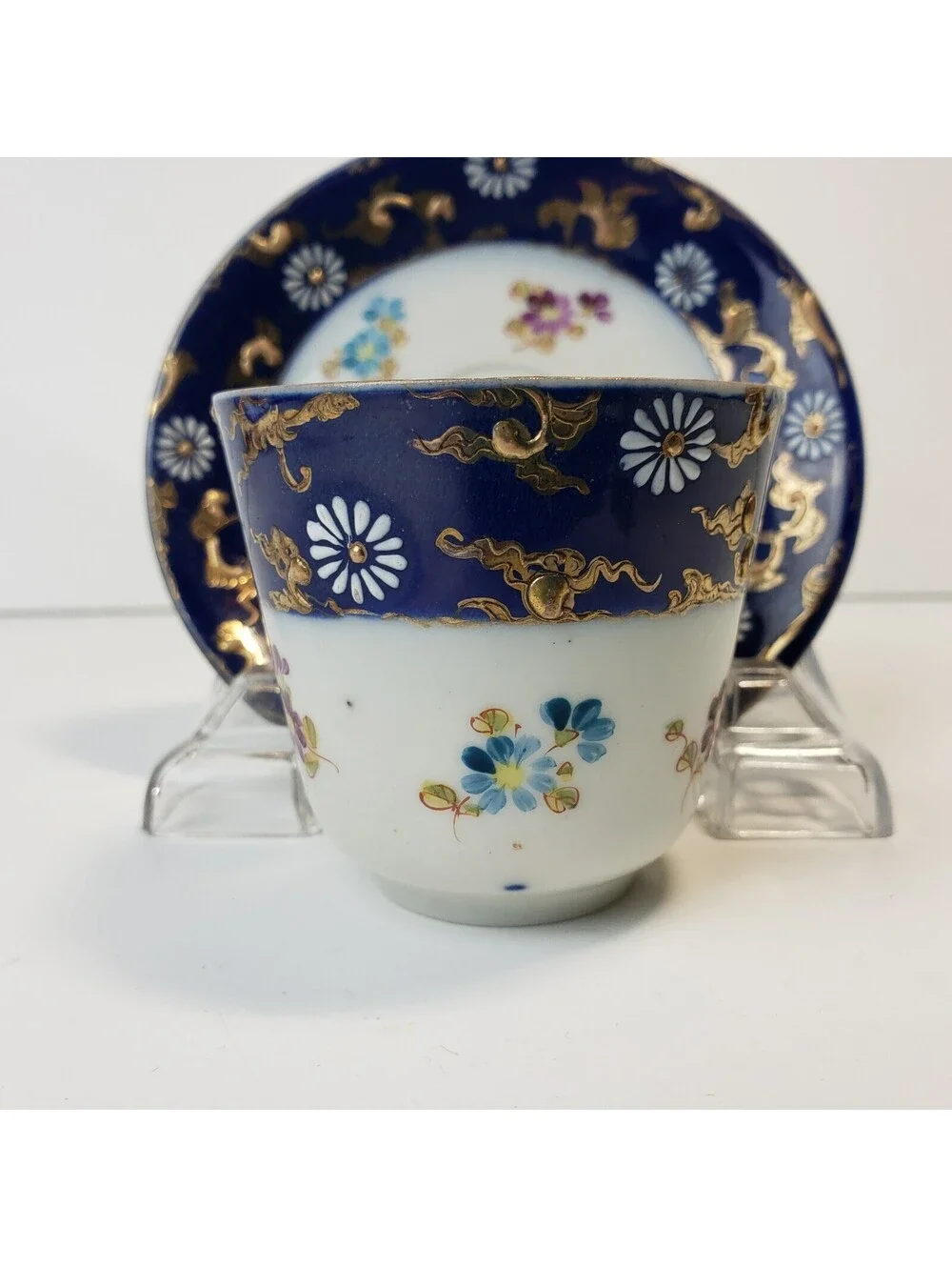Vintage Porcelain Demitasse Teacup & Saucer  Moriage Cobalt Blue HP Floral Japan